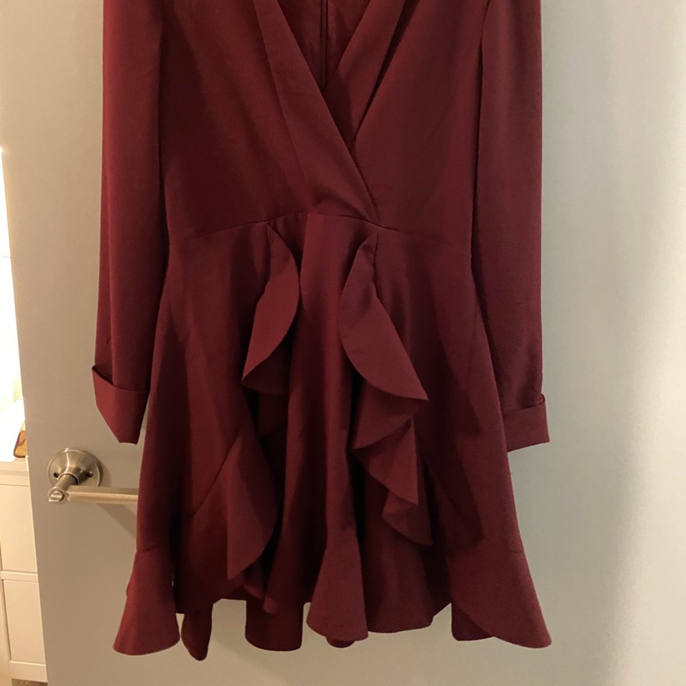 Maroon ruffle long sleeve cocktail dress